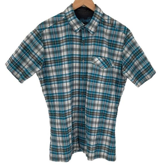 Kuhl Stallion Short Sleeve Button Up Seersucker Shirt Men Medium Blue Tan White - Picture 1 of 6